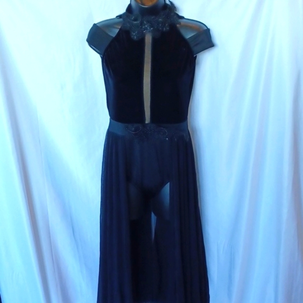 Weissman Child XLarge Lyrical Costume,  velvet top, sheer open front skirt Black